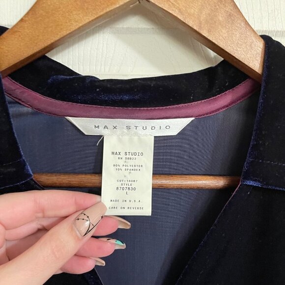 Max Studio Vintage Womens Y2K Blue Velvet Button Up Lightweight Cardigan Large - Picture 2 of 5
